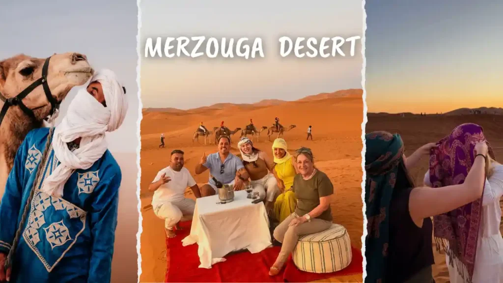 A comprehensive travel collage showing the desert experience at the end of the long journey from Marrakech to the Sahara dunes of Merzouga featuring a happy group of tourists enjoying a luxury dinner with champagne and white table service on a red carpet in the sand during a golden sunset while a camel caravan walks in the background and a local guide in blue Berber dress stands with a camel to illustrate why the 560 kilometer drive is worth the effort for travelers visiting Morocco.