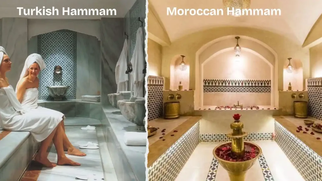 A side-by-side photographic comparison of two bathhouse styles. The left side labeled Turkish Hammam features two women in white towels sitting in a bright, cool-toned room with extensive grey and white marble surfaces, a central stone basin, and ornate blue geometric wall tiles. The right side labeled Moroccan Hammam shows a warm, golden-toned sanctuary with intricate colorful Zellige mosaic tiles, arched alcoves, brass water basins, and a central fountain filled with red rose petals, reflecting a cozy and intimate steam room environment.