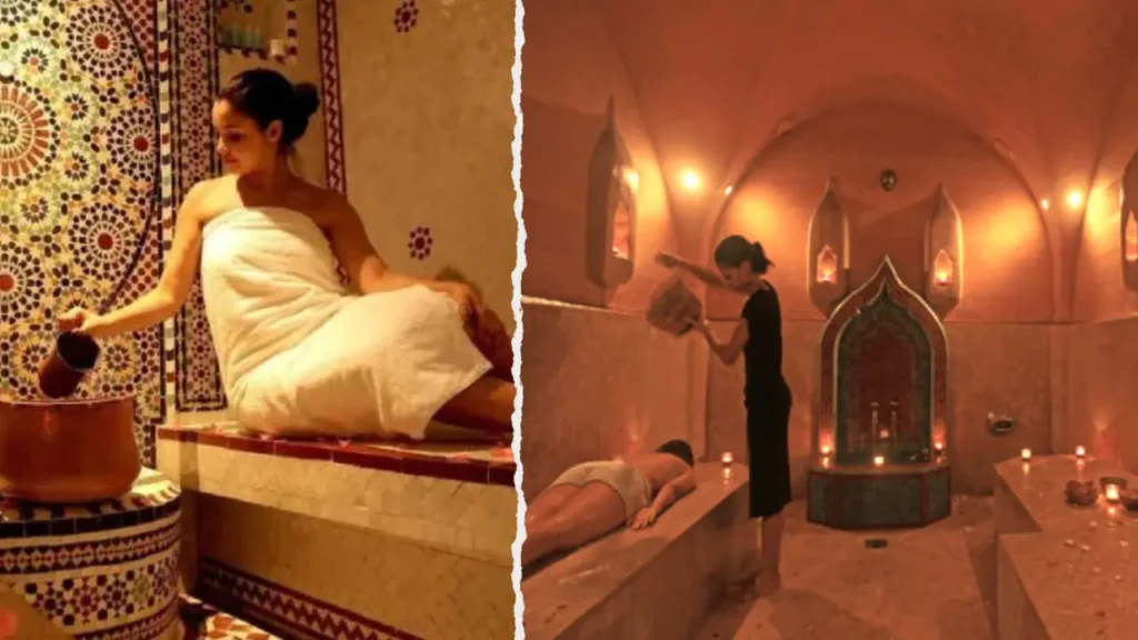 A two-paneled image showcasing the serene atmosphere of an authentic Moroccan Hammam in USA, highlighting the traditional luxury experience. The left panel shows a woman wrapped in a white towel sitting on a heated marble bench, pouring water from a copper vessel amidst vibrant, colorful geometric Zellige mosaic tiles. The right panel depicts a professional therapist in a black uniform performing a ritual at a premier Moroccan Hammam in USA, pouring water over a client on a stone slab within a warm, candlelit vaulted steam room featuring an ornate arched fountain and soft ambient lighting to illustrate the deep purification process.