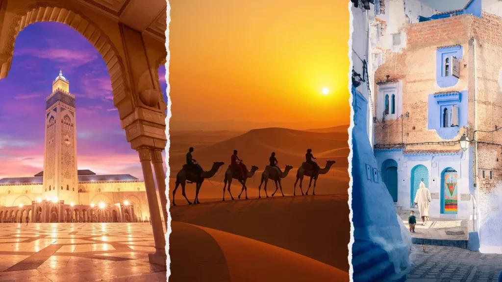 A high-quality travel collage showcasing why travel to Morocco is essential: featuring the intricate architecture of the Hassan II Mosque in Casablanca, a sunset camel trek across the golden dunes of the Sahara Desert, and the famous blue-washed buildings of Chefchaouen's medina.