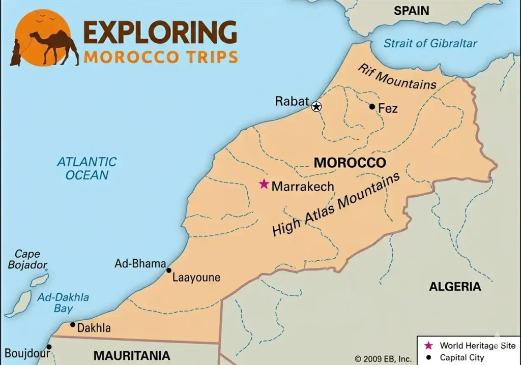 A professional illustrative Map of Marrakech and Morocco by Exploring Morocco Trips, answering the question Where is Marrakech city by showing its strategic location in the heart of the country, situated north of the High Atlas Mountains and south of the capital Rabat, featuring key landmarks like the Atlantic Ocean, the Strait of Gibraltar, and neighboring borders.