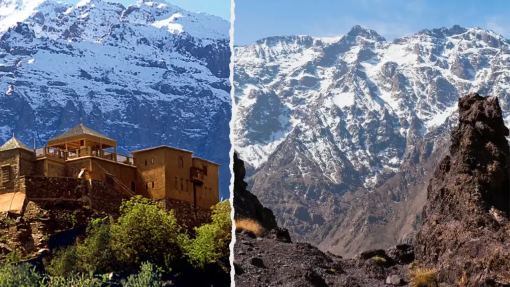 A side-by-side visual comparison featuring a traditional mud-brick Moroccan kasbah against a backdrop of the snow-covered High Atlas Mountains, illustrating the unique scenery for those who Travel to Morocco in January.