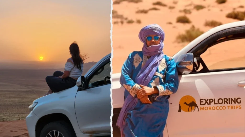 A split-screen collage featuring a traveler on a 4x4 watching the sunset and a local guide in traditional blue robes, highlighting the adventure of a Travel to Morocco in January.