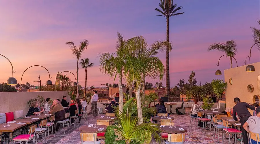 A warm and inviting Marrakech rooftop scene at the Coco Rooftop restaurant during the golden hour, answering the question Where is Marrakech city by showcasing the elevated urban geography of the Medina, with travelers dining amidst lush palm trees and stylish hanging lamps as the sky turns a brilliant shade of purple and pink above the historic "Red City" skyline.
