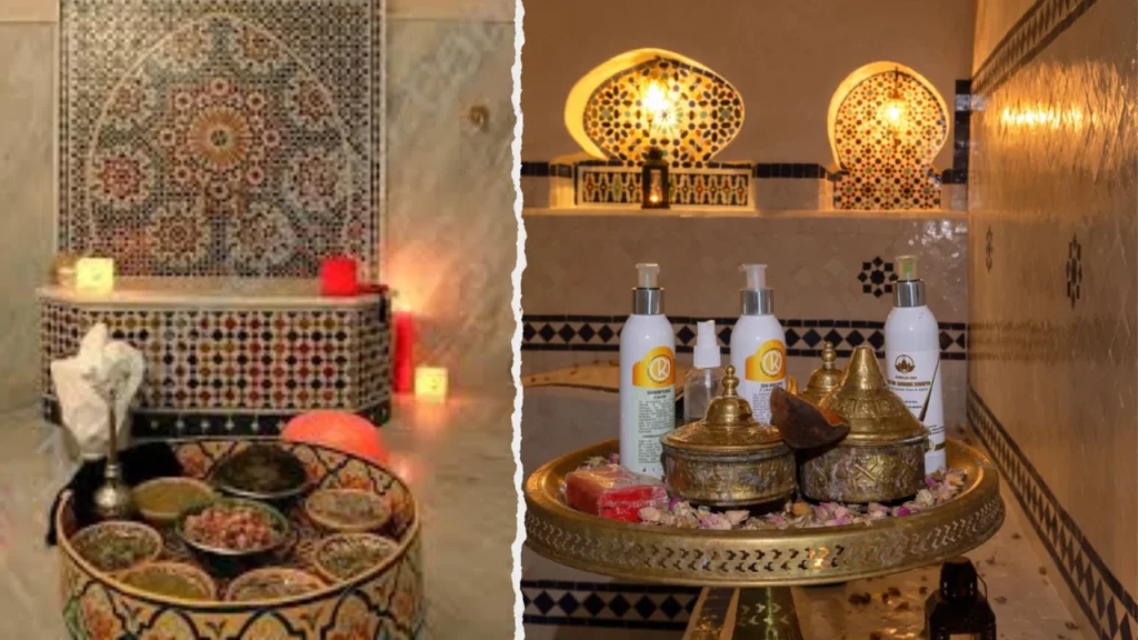 A beautiful spa interior with traditional zellige tiles and aromatic oils showcasing what is a hammam in Morocco and the luxury ambiance found in the best hammam in Fes morocco.