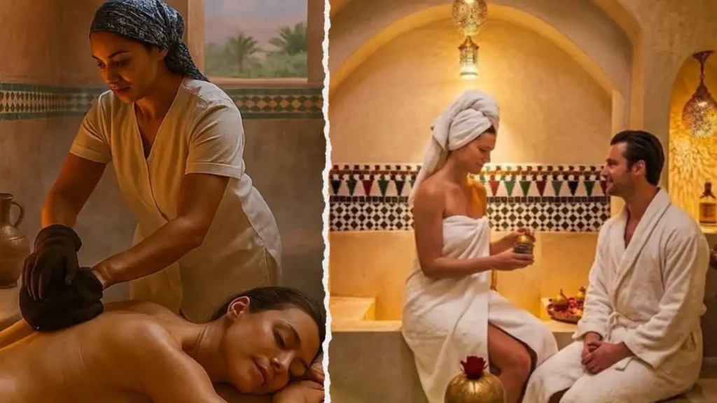 A professional attendant performing a traditional exfoliating scrub using a black kessa glove on a client, showcasing what is a hammam in Morocco, while a couple relaxes in a luxury spa setting with zellige tiles, demonstrating what happens in a Moroccan hammam for wellness and relaxation.