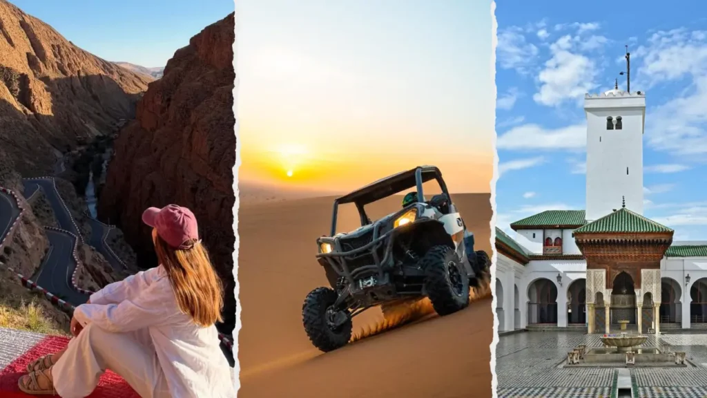 A detailed collage explaining why travel to Morocco is a top choice for adventurers, featuring a woman overlooking the winding roads of the Dades Gorge, a high-octane desert buggy experience during sunset in the Sahara dunes, and the serene courtyard of a traditional mosque with intricate tilework. This visual showcase highlights the adventure and cultural depth available through Exploring Morocco trips, perfect for those seeking diverse landscapes and authentic local experiences.