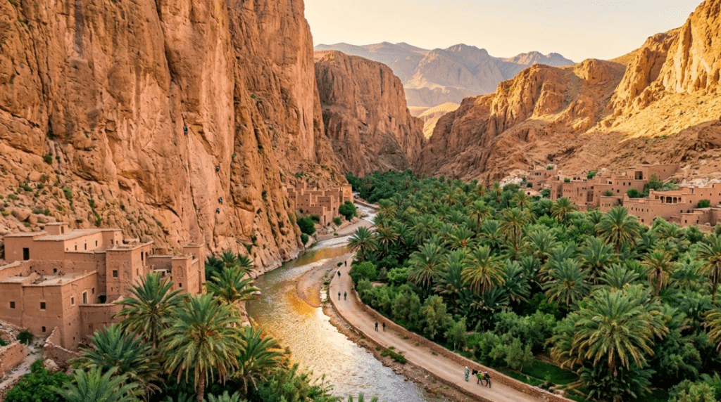 A scenic landscape highlighting popular things to do in Tinghir, showing the dramatic red limestone cliffs of Todra Gorge towering over a winding river, a dense green palm tree oasis, and traditional earthen mud-brick kasbah villages built into the Atlas mountain foothills under warm golden sunlight.