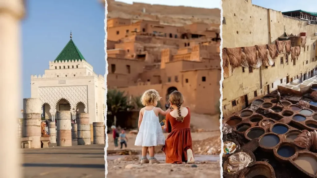 Why travel to Morocco for a family-friendly cultural experience: a descriptive collage featuring the iconic Mausoleum of Mohammed V in Rabat, young children exploring the ancient mud-brick architecture of the Ait Ben Haddou kasbah, and the historic leather tanneries in the heart of the medina. This image highlights the diverse heritage and family-oriented activities available when you book Exploring Morocco trips.