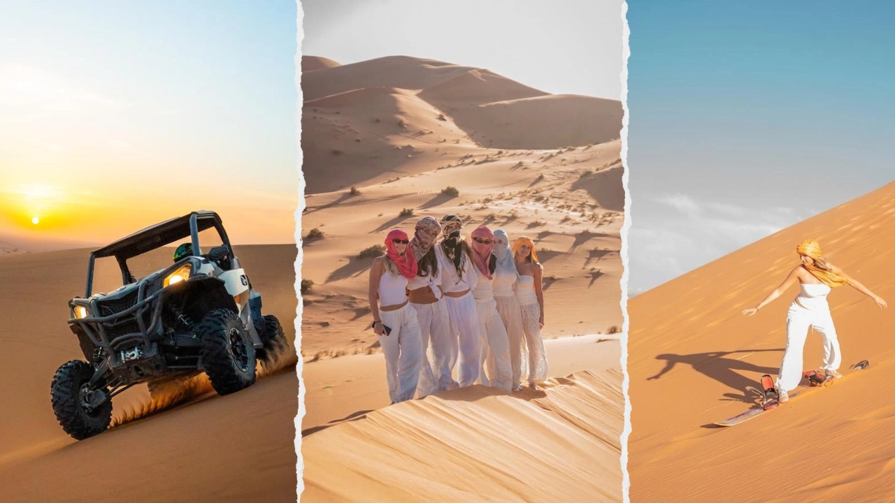 A collage of three Sahara Desert scenes from a 3 day Marrakech itinerary: travelers driving off-road buggies through orange sand dunes, a group of women in traditional headscarves posing on a dune ridge, and a traveler sandboarding down a steep slope in Merzouga under a clear blue sky.