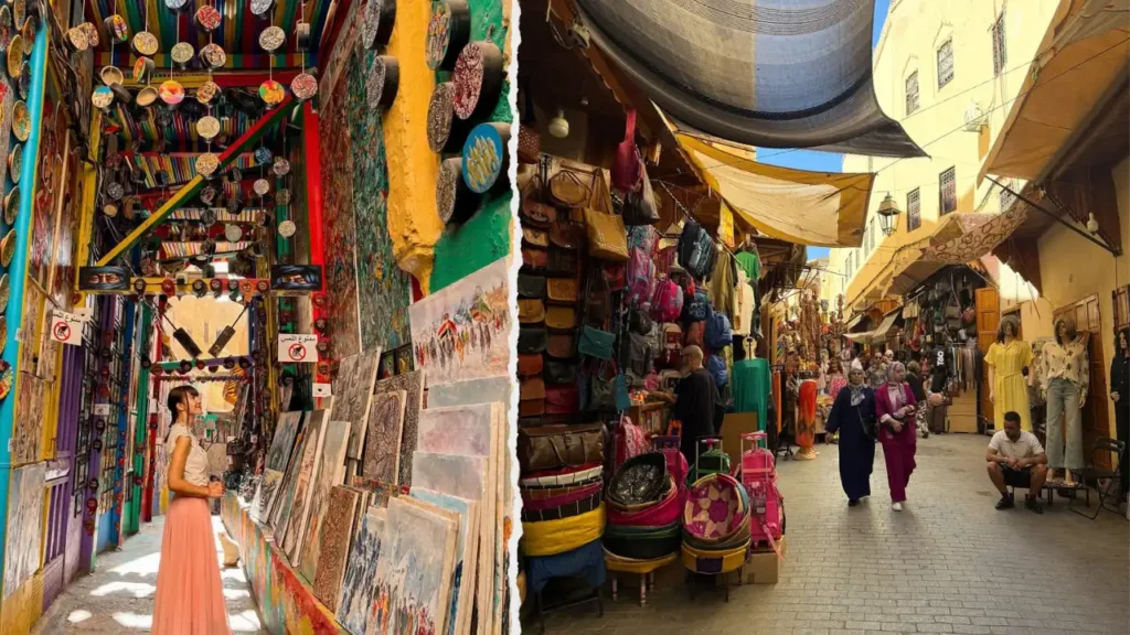 A colorful collage of a decorated art gallery alleyway and a bustling market street, showcasing the cultural atmosphere for those who Travel to Morocco in January.