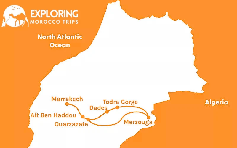 An illustrative map of Morocco featuring the Exploring Morocco Trips logo, showing a detailed travel route for a Marrakech 3 day itinerary that starts in Marrakech and passes through Ait Ben Haddou, Ouarzazate, Dades Valley, and Todra Gorge before reaching the Merzouga dunes near the Algerian border.