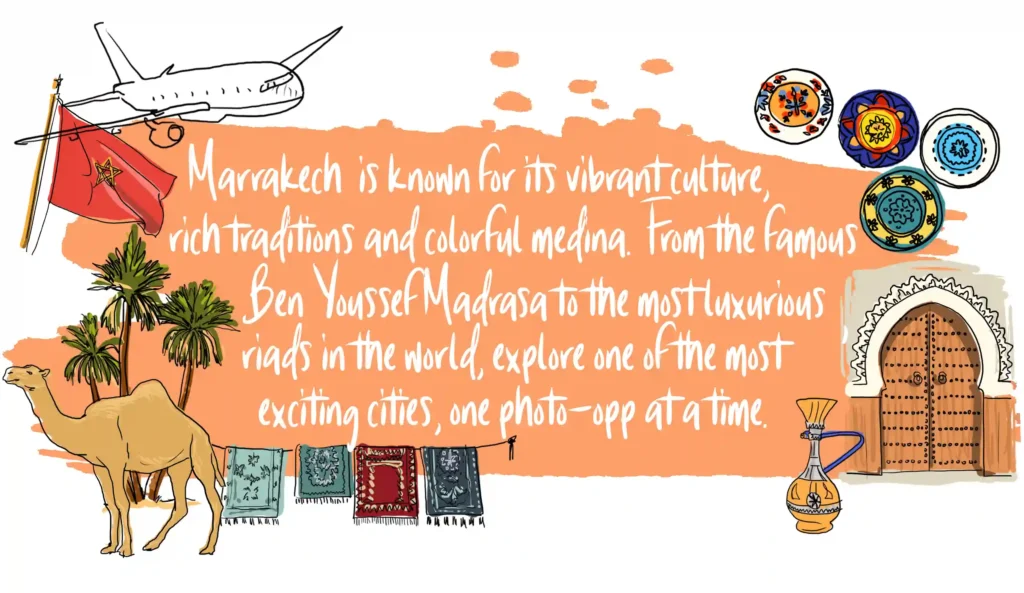 An artistic travel illustration focused on answering Where is Marrakech by showcasing Moroccan cultural icons, including a hand-drawn camel standing near palm trees, traditional woven Berber rugs hanging on a line, a Moroccan flag waving near a landing airplane, and a grand arched wooden door representing a luxury riad, all set against a vibrant ochre and orange background that mirrors the famous Red City’s geography.