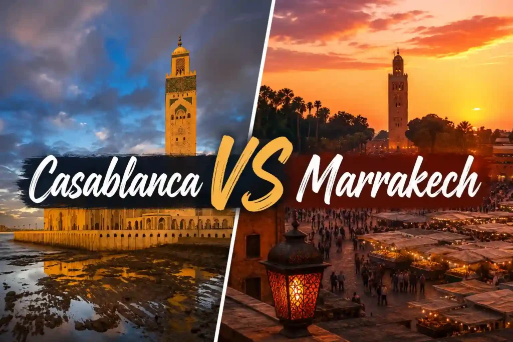 Casablanca Vs Marrakech - split image comparing the Hassan II Mosque on the Atlantic coast at dusk with the Koutoubia Mosque minaret and Jemaa el-Fnaa night market glowing at sunset in Marrakech