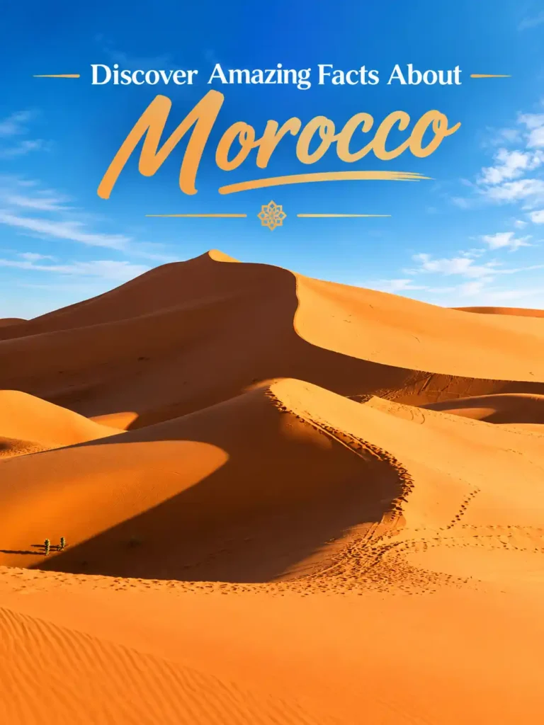 Discover Amazing Facts About Morocco with a beautiful view of traditional Moroccan adobe kasbahs and historic earthen buildings surrounded by palm trees and dramatic desert mountains