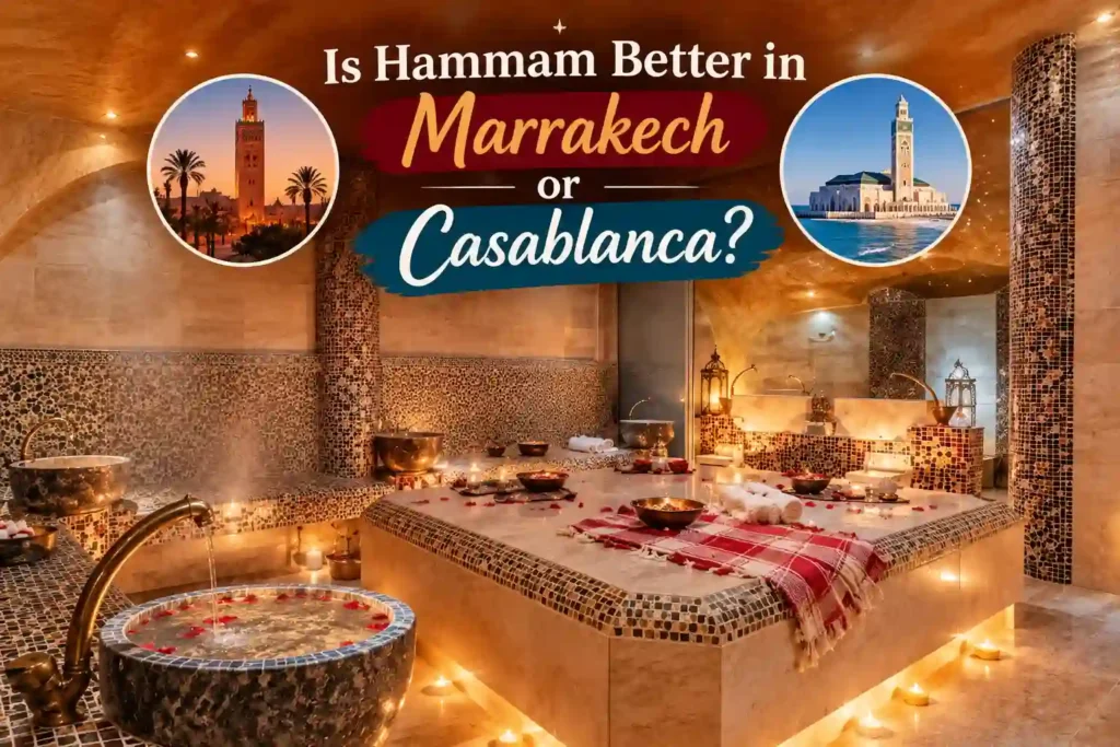 Is Hammam Better in Marrakech or Casablanca featuring a luxurious traditional Moroccan hammam with intricate zellige tiles, warm lighting, marble surfaces, copper basins, towels, steam and relaxing spa details