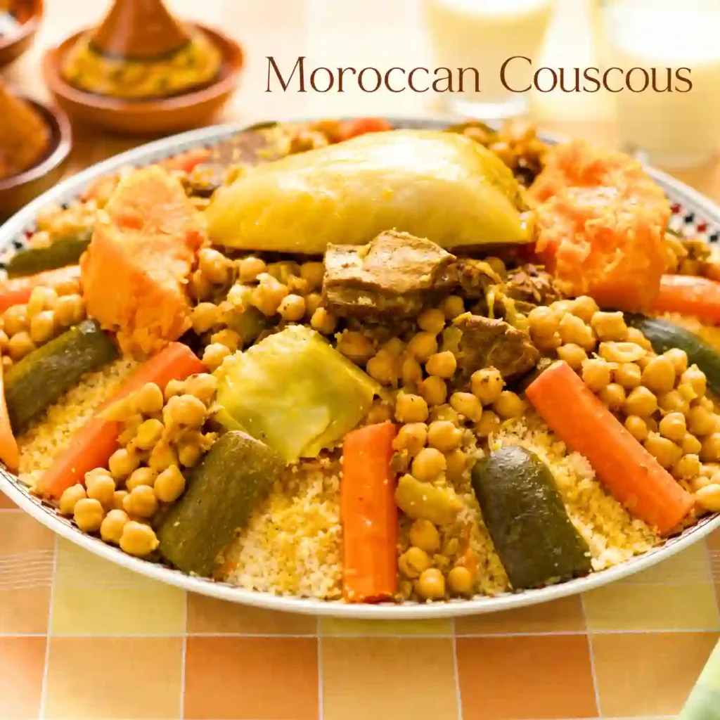 Traditional Moroccan couscous recipe served with fluffy couscous, tender vegetables, chickpeas, and flavorful meat, showcasing an authentic Moroccan couscous dish