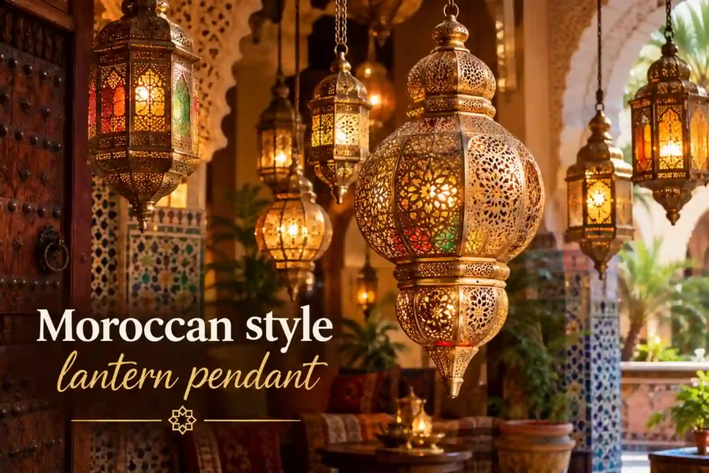Moroccan style lantern pendant featuring an intricately handcrafted brass lantern with detailed geometric patterns, warm golden lighting, traditional Moroccan architecture, decorative tiles, and elegant Middle Eastern inspired home decor