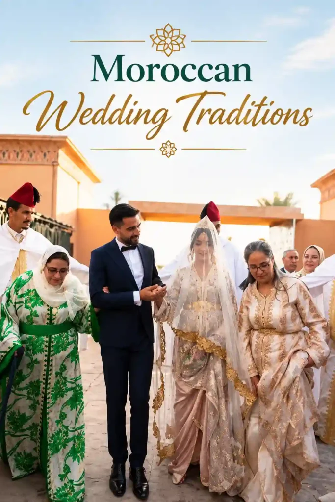 Moroccan Wedding Traditions featuring a traditional Moroccan bride and groom surrounded by family members wearing elegant Moroccan caftans and traditional wedding clothing during a cultural wedding celebration