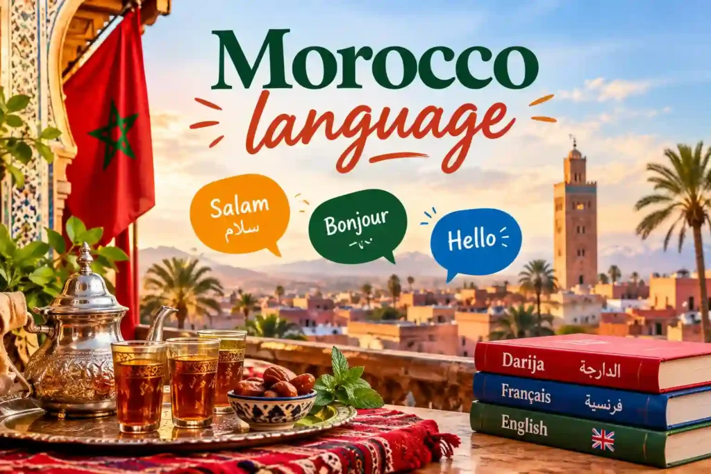 Morocco language guide showing the main languages spoken in Morocco, including Moroccan Arabic Darija, Amazigh, French and English, with traditional Moroccan culture, mint tea, architecture and the Moroccan flag