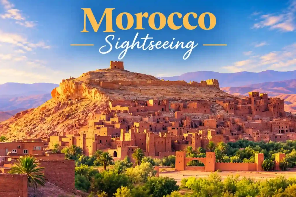 Morocco Sightseeing featuring a beautiful traditional Moroccan kasbah and historic earthen village surrounded by palm trees, lush greenery, dramatic mountains, and stunning landscapes in southern Morocco