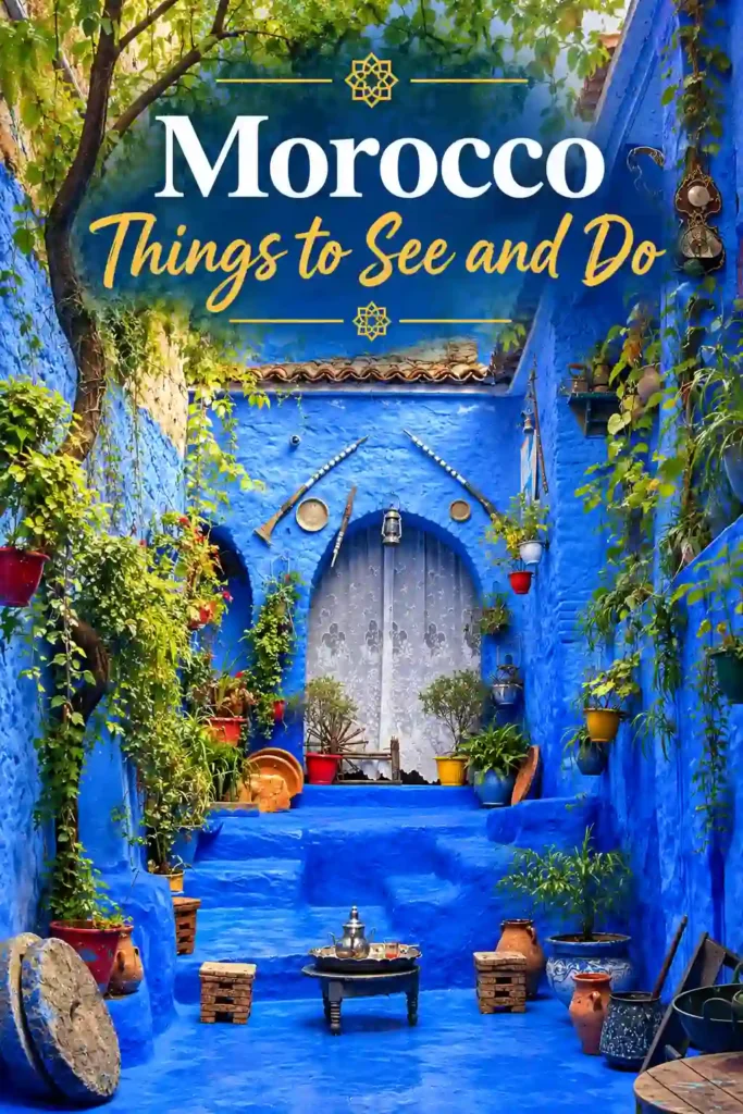 Morocco: Things to See and Do featuring a beautiful blue-painted traditional home in Chefchaouen, Morocco, surrounded by colorful plants, Moroccan decorations, and charming architecture