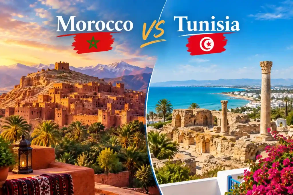 Morocco vs Tunisia travel comparison featuring the diverse landscapes, historic architecture, cultural attractions, desert experiences, ancient ruins, Mediterranean scenery, traditional heritage, and popular tourist destinations of Morocco and Tunisia
