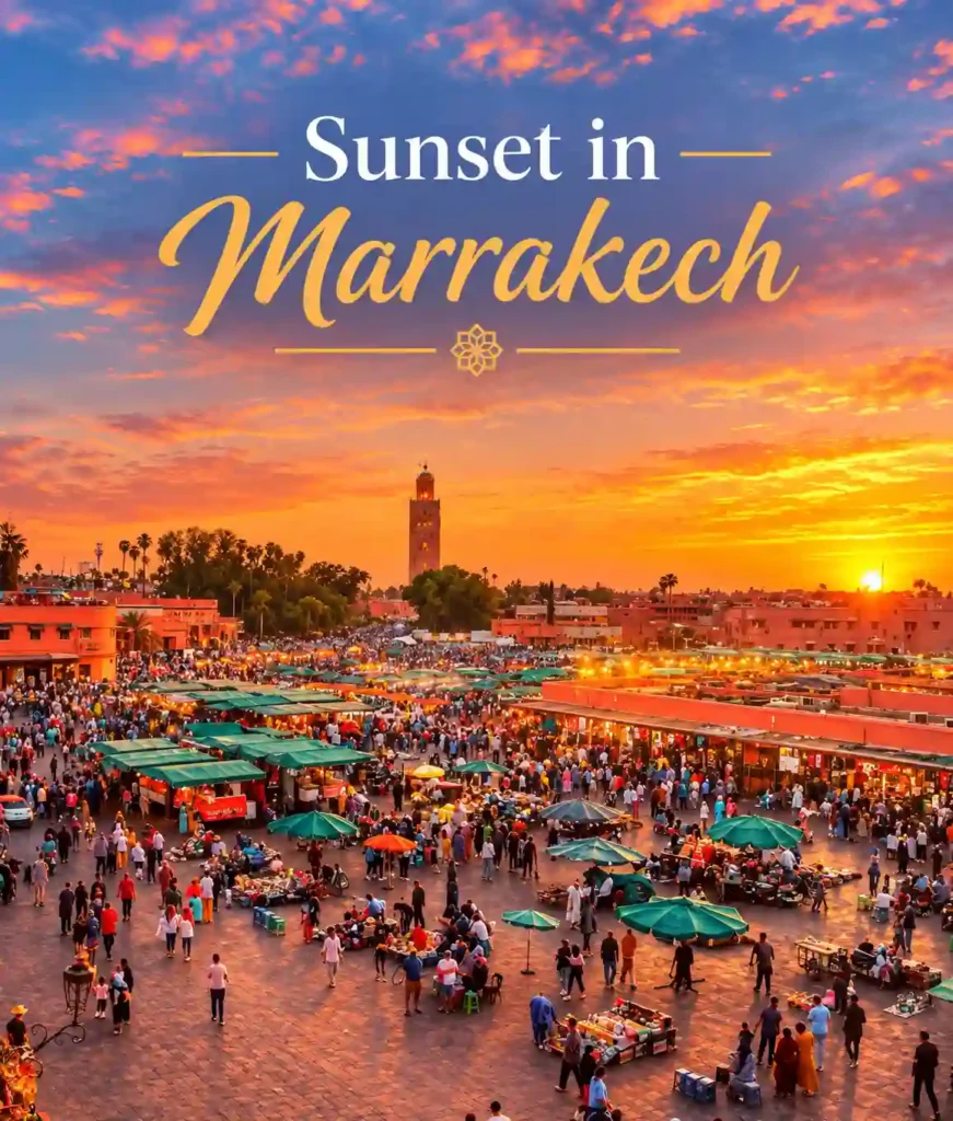 Sunset in Marrakech over Jemaa el-Fnaa with colorful market stalls, palm trees, terracotta buildings, and the Koutoubia Mosque glowing beneath a beautiful orange and pink evening sky