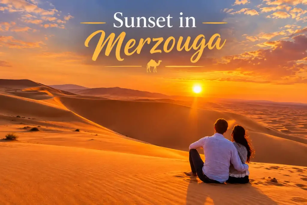 Sunset in Merzouga over the golden Erg Chebbi Sahara Desert dunes in Morocco, with a couple sitting together and watching the sun set across the vast desert landscape surrounded by warm orange sand and dramatic evening skies