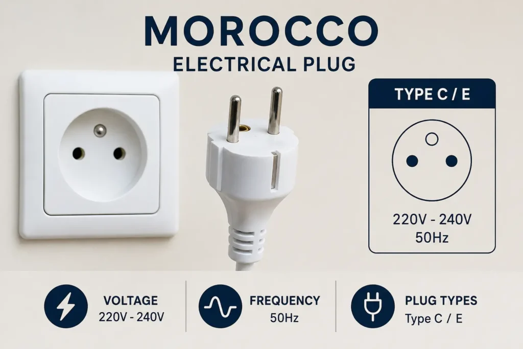 Comprehensive infographic detailing the Morocco Electrical Plug standards featuring Type C and Type E sockets operating at 220V to 240V and 50Hz frequency, showing a white two pin plug and a wall outlet to help international travelers prepare the right adapters for their devices