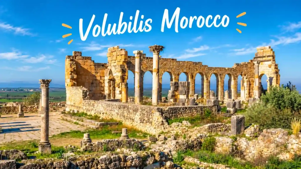 Volubilis Morocco showing the ancient Roman archaeological ruins, impressive stone arches, historic columns, weathered walls, Roman architecture, green countryside and beautiful landscapes near Meknes