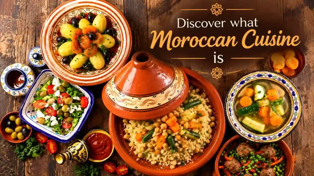 What is Moroccan cuisine featuring traditional Moroccan food including couscous, tagine, vegetables, olives, salads, spices, and authentic dishes served in colorful Moroccan ceramics