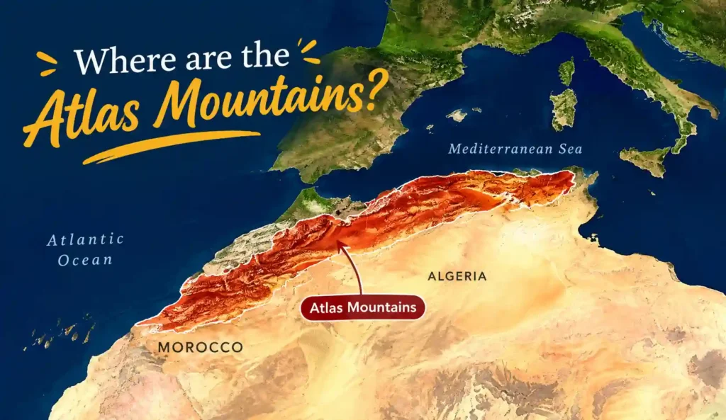 Where Are the Atlas Mountains showing the mountain range across Morocco, Algeria, and Tunisia in North Africa, with the Atlas range separating the Sahara Desert from the Mediterranean and Atlantic regions